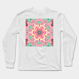 Psychedelic Mandala Flower Green Pink and Yellow Long Sleeve T-Shirt